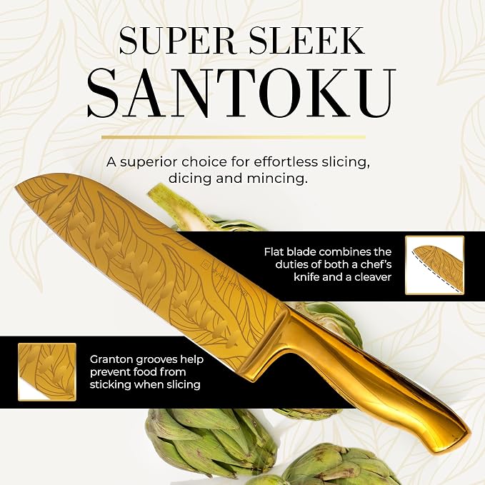 Styled Settings Gold Knives with Etched Leaves Pattern and Sharpener Block | 14-Piece Gold Titanium-Coated Blades with Beautiful Pattern, Ultra-Sharp Stainless Steel, & Stylish Kitchen Knife Block Set - Image 8