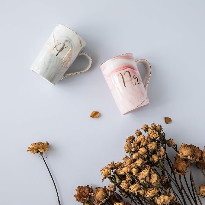 Jumway Wedding Gifts for Bride and Groom, Gifts for Bridal Shower Engagement Wedding and Married Couples Anniversary - Ceramic Marble Coffee Mugs with Real Gold Mr/Mrs Letters 14 Oz Pink - Image 9