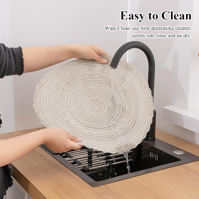 SHACOS Boho Round Placemats Set of 8 Braided Border Round Place Mats 15 inch Washable Dining Table Mats for Home Wedding Holiday Party (Ivory Bordered, 8) - Image 9
