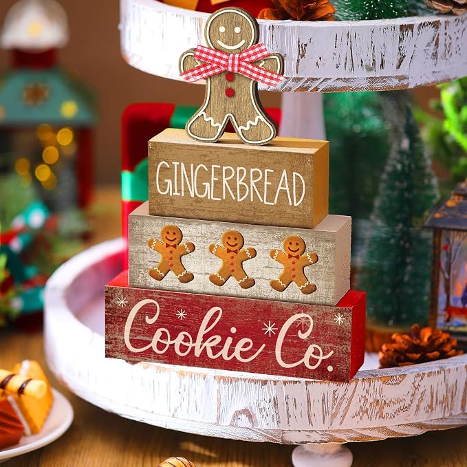 Moucuny 4 Pcs Christmas Table Decor Gingerbread Man Decoration Christmas Centerpiece Winter Tiered Tray Decor Rustic Gingerbread Block Signs Gift Winter Table Decoration for Xmas Party Kitchen Home - Image 6