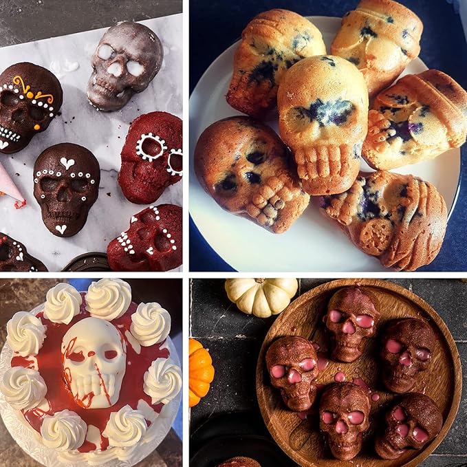 Sakolla Large Skull Cake Pan Silicone Mold, 2 Pack 6 Cavity Halloween Skull Cakelet Chocolate Molds Candy Pizza Baking Molds Handmade Soap Tray