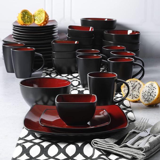 Gibson Elite Soho Lounge Square Reactive Glaze Stoneware Dinnerware Set, Service for 8 (40pc), Red/Black - Image 7