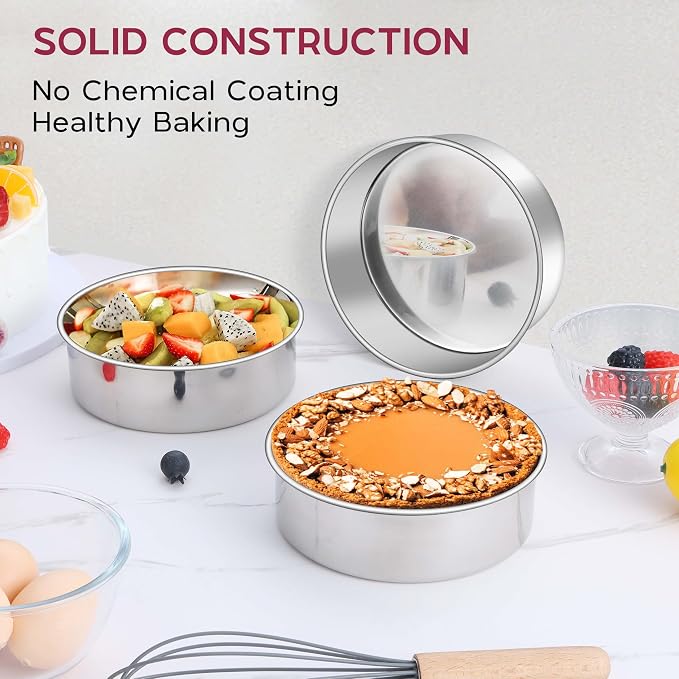 Onader 6 Inch Round Cake Pan Tin Set of 3, Stainless Steel Small Baking Pan for Wedding Birthday - Image 8
