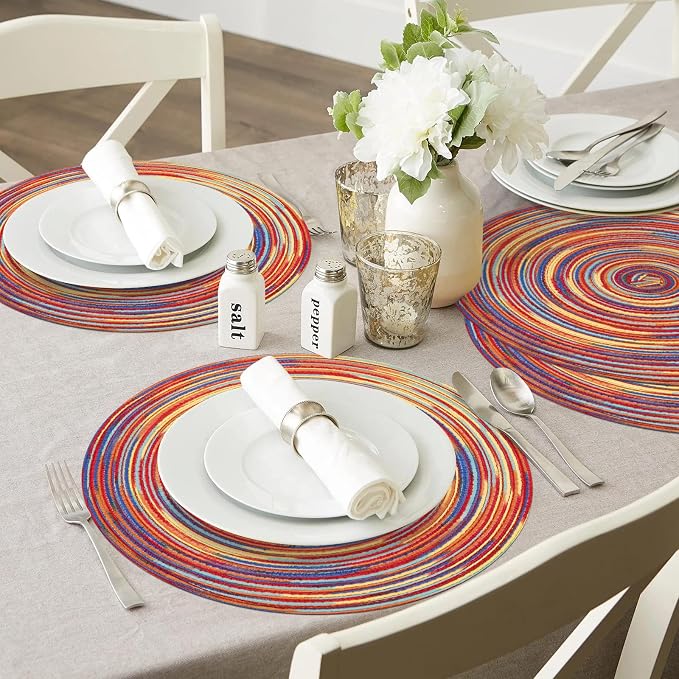 SHACOS Round Braided Placemats Set of 4 Variegated Colorful Placemats for Dining Tables Holiday Party Decor (Rainbow Red, 4) - Image 9