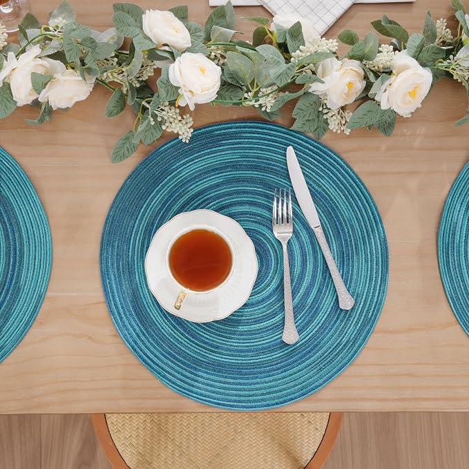 SHACOS 15 inch Round Placemats Set of 6 Variegated Multicolor Place Mats Cotton Polyester Braided Non Slip Washable Heat Resistant Table Mats for Home Wedding Dinner Party Table Decor, Rainbow Teal - Image 9