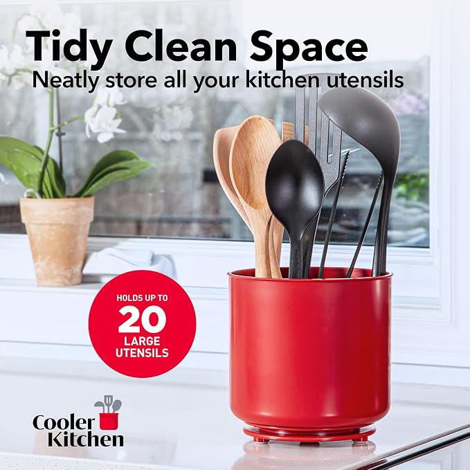 Extra Large Rotating Red Utensil Holder with Sturdy No-Tip Weighted Base, Removable Divider, and Gripped Insert | Rust Proof and Dishwasher Safe Kitchen Utensils Holder by Cooler Kitchen 7*7 Inches - Image 6