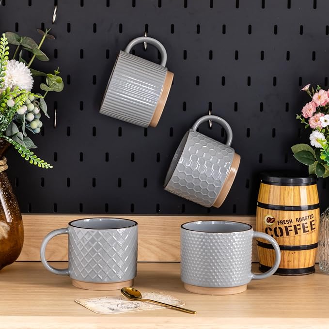 GBhome 12 OZ Stackable Coffee Mugs Set of 4, Ceramic Coffee Cups Set | 4 Assorted Designs, Embossed Mugs with Texture Patterns for Tea/Coffee, Dishwasher&Microwave Safe, Gray - Image 7