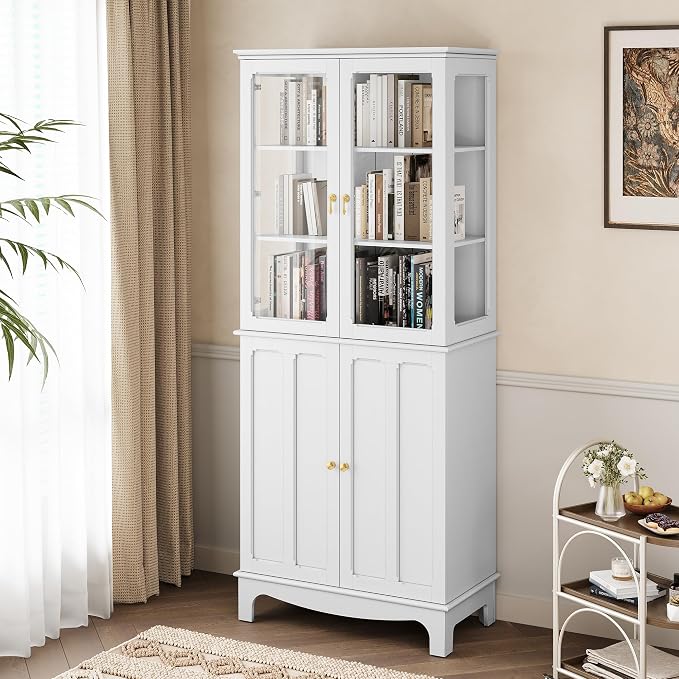 72" Tall Kitchen Pantry Cabinet with Glass Door and Adjustable Shelves, Vintage Food Storage Cabinet for Kitchen, Dining Room, Living Room, White - Image 7