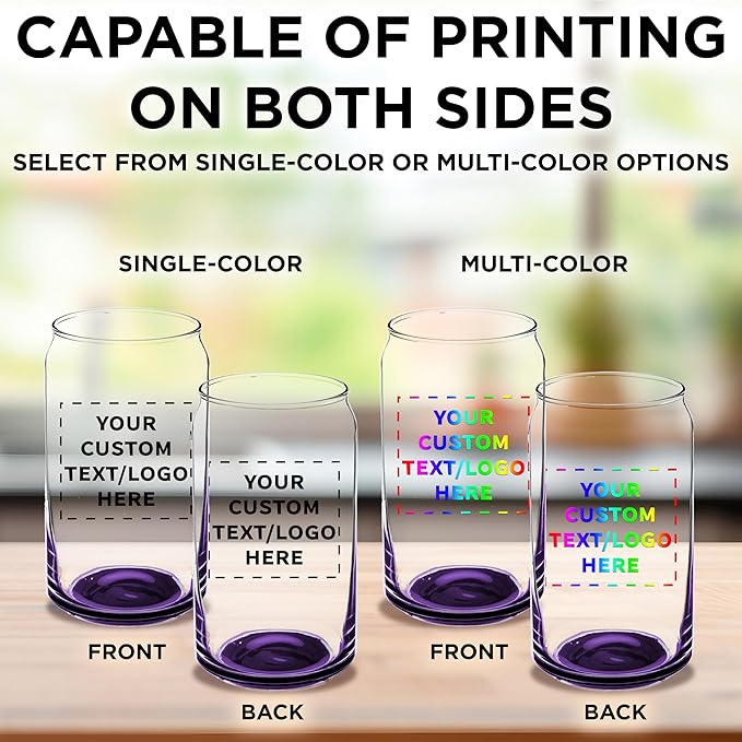 Custom Beer Can Glasses Set of 100, 16 oz. Pint Sized, Promotional Text, Logo, Soda Can Shape, Glassware, Purple