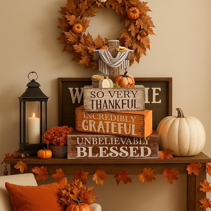 Moucuny 4 Pcs Fall Table Decoration for Home Religious Cross Stacked Signs | 4 Pcs Rustic Wood Stacked Sign with Cross and Harvest Elements. Great Thanksgiving Tabletop Decor for Home, Church, or Office - Image 7