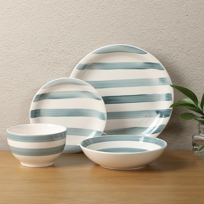 Gibson Home Kenwood Shores 16 Piece Dinnerware Set, Blue Striped, Hand-Painted Stoneware Dishes, Plates and Bowls, Service for 4, Microwave & Dishwasher Safe - Image 6