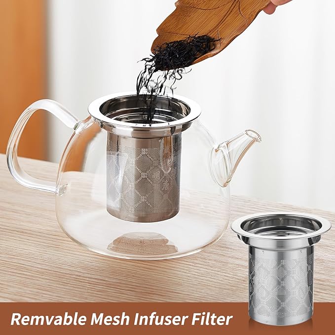 34OZ/1000ml Glass Teapot with Stainless Steel Infuser, Drip-Free Spout, and Wooden Knob Lid β Stovetop Safe Borosilicate Tea Kettle for Loose Leaf and Herbal Tea Brewing