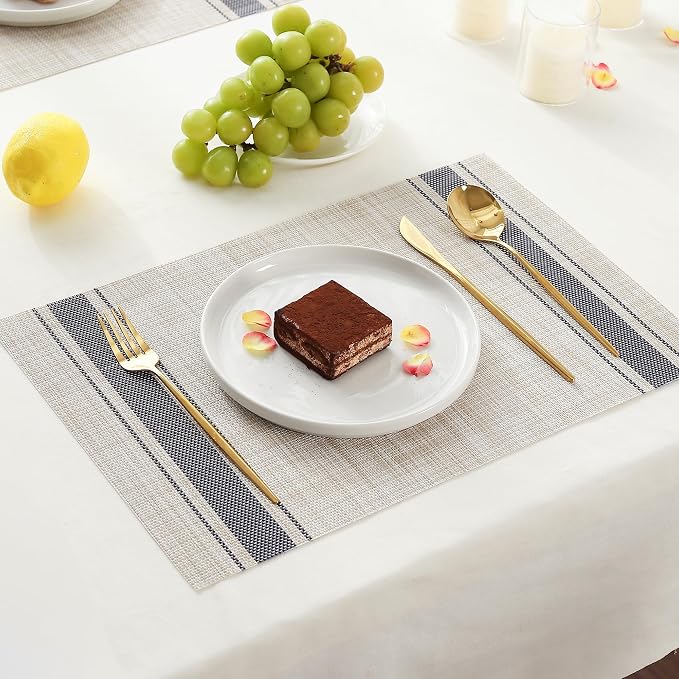 Leetaltree Khaki-Blue Placemats, Heat Resistant Non-Slip Place mats for Dining Table, Washable Durable PVC Vinyl Woven Table Mats (Set of 4) - Image 9