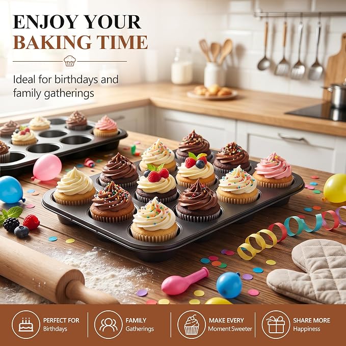 E-far 12-Cup Muffin Pan, 2 Pack Nonstick Carbon Steel Cupcake Pan Tin Tray | Metal Bakeware Muffin Baking Tins for Oven, Standard Size, Ideal for Muffins, Cake Tart, Brownies, Easy Clean & Non-toxic - Image 8