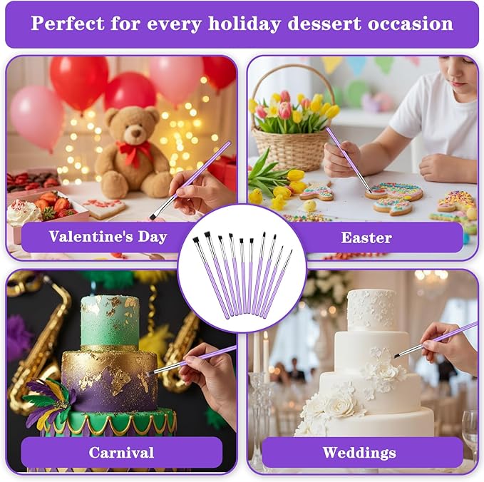 10 Pcs Cake Decorating Brushes Set Food Safe Paint Brushes Food Fondant Tools Chocolate Sugar Cookie Candy Cake Pastry Brush for Dusting Edible Glitter and Painting with Edible Color on Treats