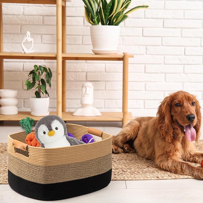 danpinera Large Blanket Basket for Living Room,72 L Rectangle Toy Storage Basket for Nursery Room, Woven Rope Storage Box with Leather Handle, 22ββ*17ββ*11.8ββ, Gradient Linen