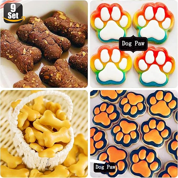 Set of 9-4 Silicone Molds Puppy Dog Paw and Bone,Silicone Dog Treat Molds and 5 Stainless Steel Bone Cookie Cutter,for Chocolate, Candy, Jelly, Dog Treats - Purple,Red,Pink,Blue