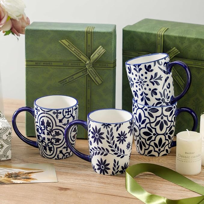 HASENSE 15OZ Coffee Mugs, Ceramic Coffee Mugs Set of 4 with Handle, Coffee Cups Ceramic with Blue and White Floral Patterns, Porcelain Mug Set for Coffee, Tea,Suitable for Home, Office, Vintage Blue - Image 7