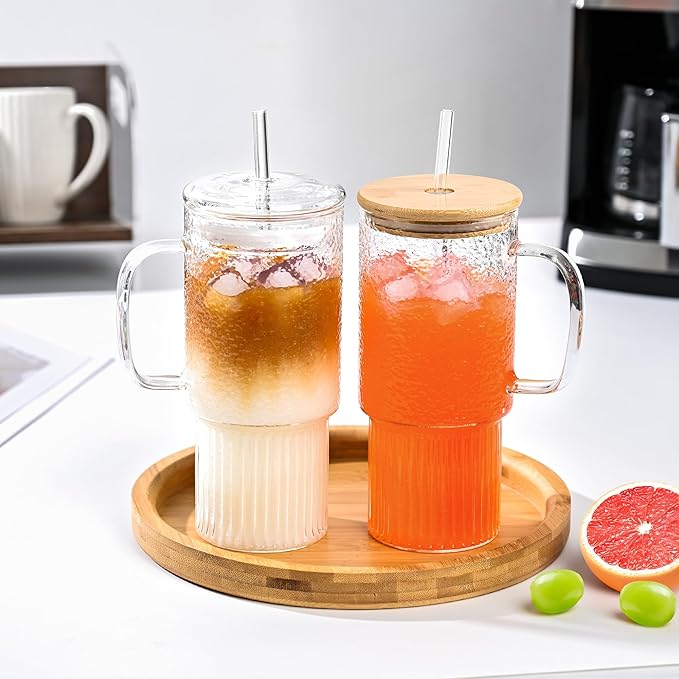 32oz Glass Cups with Handle & Bamboo Lids and Straws, Borosilicate Glass Tumblers for Iced Coffee, Smoothies, Fruit Drinks. Reuseable Glasses Cups for Cold/Hot Water (Bamboo Lid 1 pack)