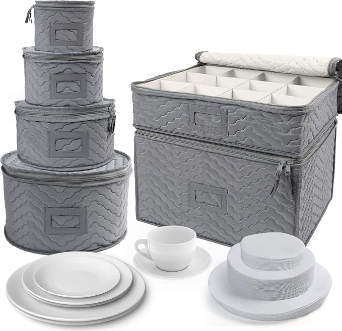 LotFancy China Storage Containers - Quilted 6-Piece Set Storage Box- Stores Chinaware, Stemware, Dinnerware, Dish Storage Service for 12, 48 Pcs Felt Protectors, Cardboard Dividers Included - Image 9