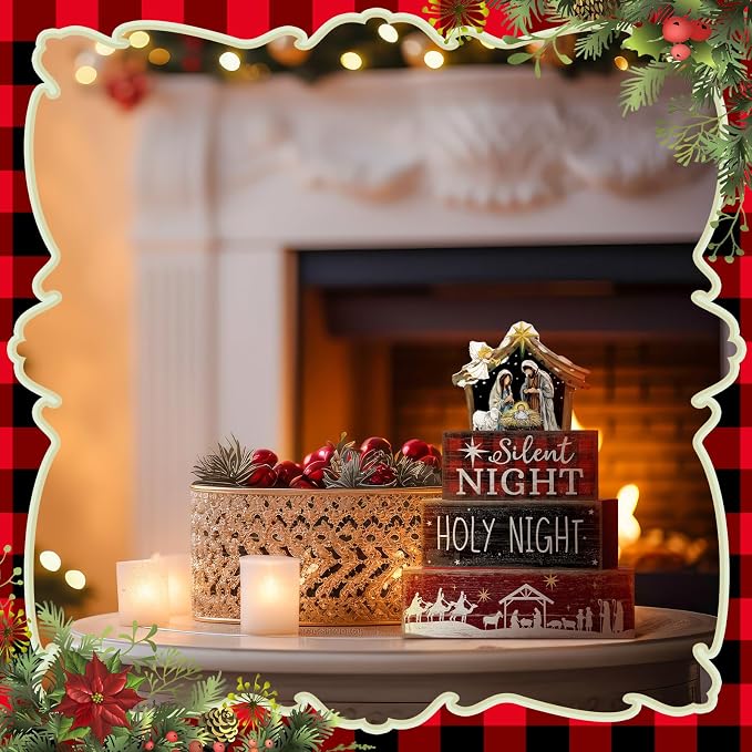 Moucuny 4 Pcs Christmas Table Decor Wooden Christian Religious Decoration Nativity Scene Centerpiece Holy Night Tiered Tray Decor Red and Black Buffalo Plaid Block Signs Xmas Decoration for Kitchen - Image 9