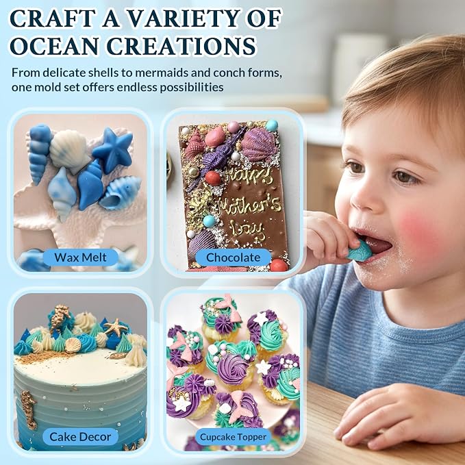 HKNMTT Marine Themed Silicone Mold for Polymer Clay Fondant, Seashell Mermaid Tail Starfish Ocean Seahorse Air Dry Clay Craft Cake Decor Wax Melt Chocolate Candy Mould DIY Cupcake Toppers BPA Free - Image 6