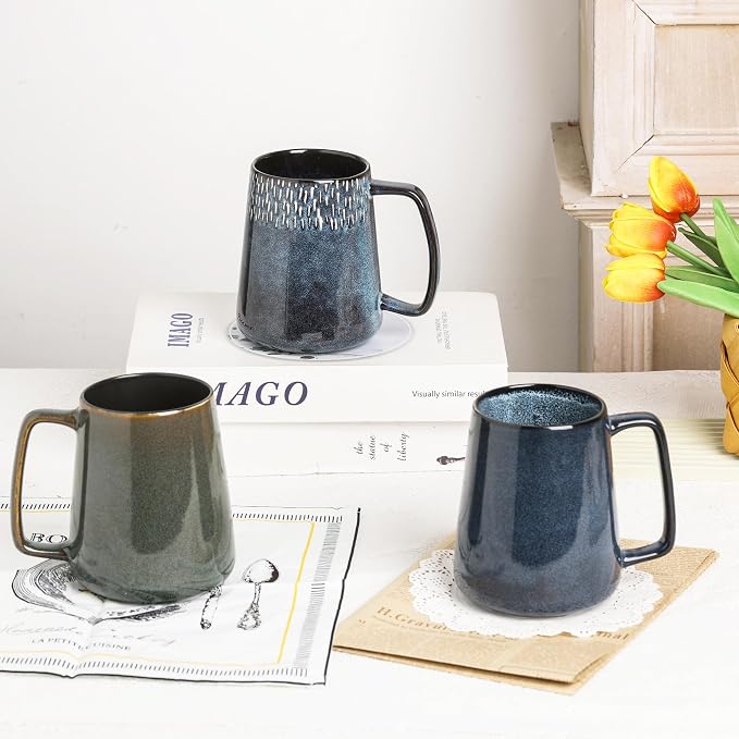 Large Ceramics Coffee Mugs,24 OZ,With Spoon And Wooden Lid,For Coffee,Tea,Cocoa,Large Handle Design,Microwave And Dishwasher Safe(Color:24 oz blue set) - Image 8