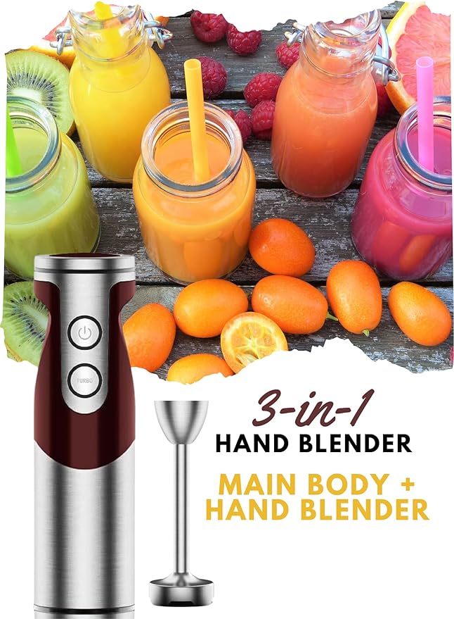 Megawise 3-in-1 Hand Blender β 12-Speed, Includes Powerful Blender Stick, Whisk, and Milk Frother β Easy to Clean and Perfect for Smoothies, and More (Red)
