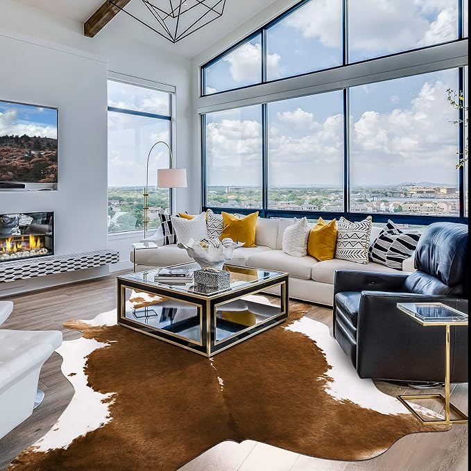 Faux Cow Hide Rug 7x6.2, Vintage Western Home Decor Cow Print Rug | Large Faux Leather Animal Cowhide Carpet for Living Room Bedroom, Dining Traditional Cow Print Stuff Carpets, Khaki - Image 7