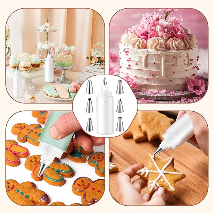 LemonRoad 4 Pcs Plastic Squeeze Bottles with 6 Different Piping Tips for Cookie Icing Piping Kit Pancake Decorating Supplies Squeezing Applicator Writer for Food Arts(4 oz)