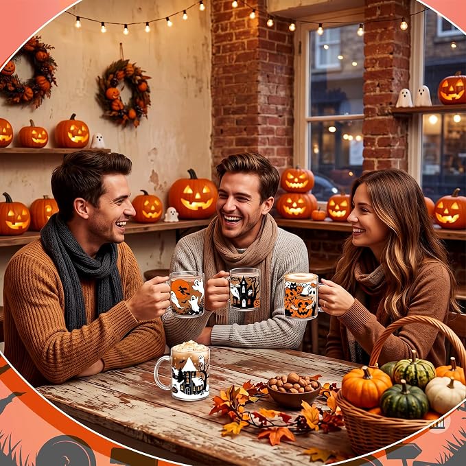 Tioncy 4 Pcs Halloween Ghost Coffee Mugs 12 oz Scary Pumpkin Glass Cups with Handle Spooky Coffee Cup Black Cat Horror Gifts Drinking Containers for Halloween Holiday Party Drinkware Accessories - Image 6