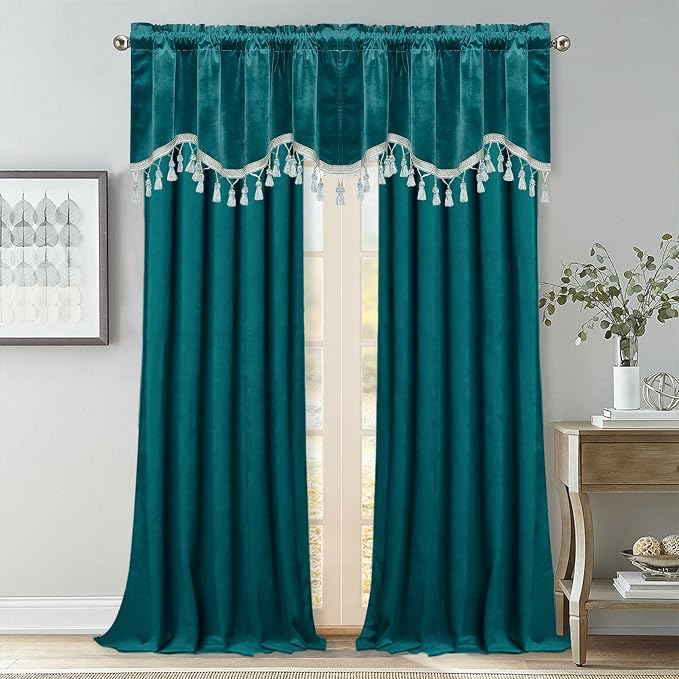 Teal Tassel Velvet Valances Curtains 52x18 Inch 2 Panels | Super Soft Thick Fabric, Privacy Light Dimming Window Drapes for Living Room, Bedroom, Kitchen, Bathroom, Rod Pocket - Image 7