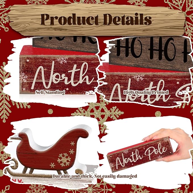 Moucuny 4 Pcs Reindeer Christmas Table Decor Wooden Reindeer Christmas Tiered Tray Decor Xmas Centerpiece Decorative Red Deer Pulled Sleigh Block Signs Gift Farmhouse Xmas Decoration for Home Kitchen - Image 6