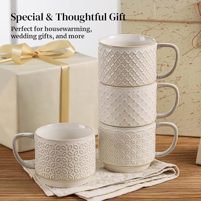 DOWAN 12oz Coffee Mugs Set of 4, Ceramic Coffee Mugs, Stackable Cappuccino Cups, Microwave Safe and Large Handle, Office and Home Use - Image 9