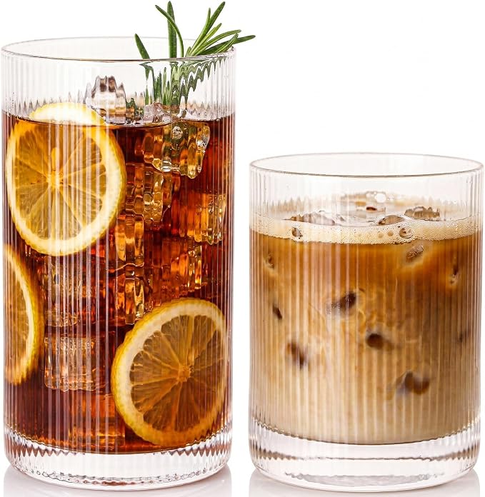 JOVGANK Drinking Glasses Set of 8 β Lead-Free Crystal Glassware, 4 Tall 15oz & 4 Short 10oz Vintage Ribbed Tumbler Glasses, Dishwasher Safe, for Juice Beer Cocktails, Great Housewarming Gift, Set A - Image 8