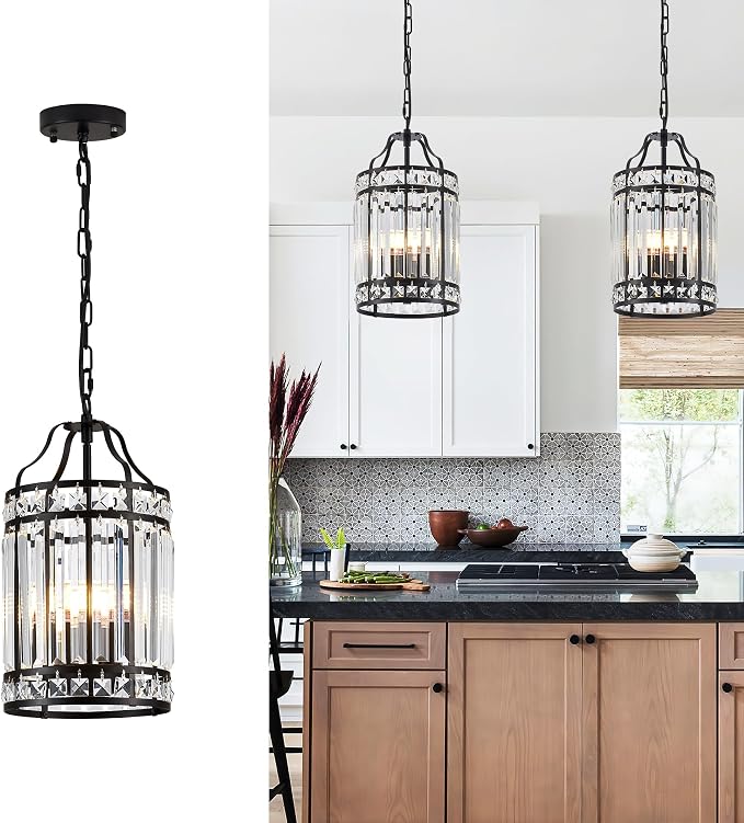 Modern Black Pendant Island Light Fixtures for Kitchen, Luxury Elegant Crystal Small 4-Light Chandeliers for Dining Room, Industrial Cage Hanging Ceiling Lighting for Bedroom Foyer Hallway - Image 9
