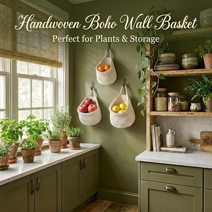 Honeydak Boho Decor Hanging Wall Baskets for Kitchen 3 Pack Teardrop Baskets with Hooks Storage Fruit Onion Vegetable Potato for Home 3 Sizes(White,Barrel,Cotton Rope) - Image 6
