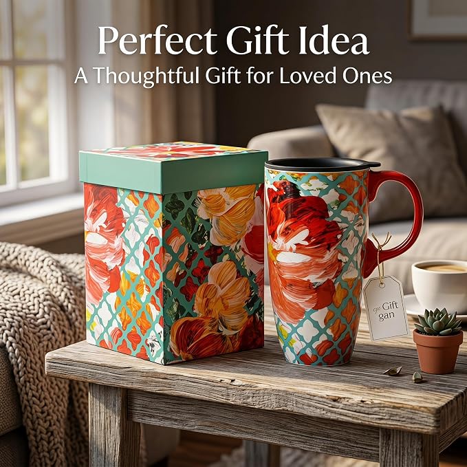 Topadorn 17oz Ceramic Travel Mug with Lid, Colorful Floral Coffee Mug | Artistic Ceramic Travel Cup, Microwave & Dishwasher Safe, Gift Box Included - Image 9
