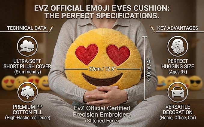 EvZ Official Certified Loving Heart Eyes Emoji Pillow - 32cm Large Soft Plush Smiley Face Emoticon Cushion - Romantic Decorative Stuffed Toy for Anniversary, Valentine’s Day & Home Decor (Yellow) - Image 6
