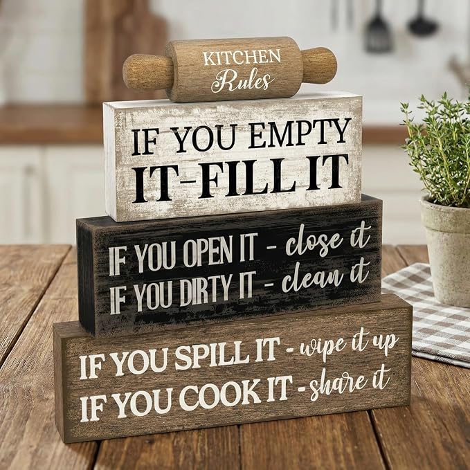 Moucuny 4 Pcs Rustic Wooden Table Decor Farmhouse Kitchen Rules Wood Sign Black Brown and White Centerpiece Rolling Pin Block Sign for Home Living Room Dining Room Shelf Table Decor - Image 9