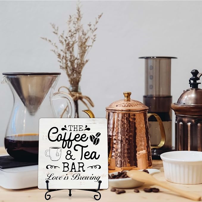 Coffee Bar Sign, Love is Brewing Farmhouse Tabletop Decor, Coffee and Tea Lover Gifts, 5x5 Wood Plaque with Iron Stand for Home Kitchen Cafe, Coffee Bar Decor โ L07 - Image 6