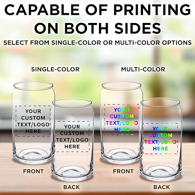 Custom Beer Can Glasses Set of 50, 16 oz. Pint Sized, Promotional Text, Logo, Soda Can Shape, Glassware, Clear