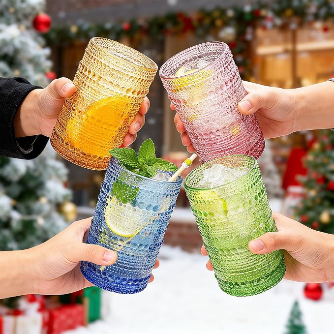 ZOOFOX Set of 6 Vintage Drinking Glasses, 12 Oz Colored Hobnail Glasses Tumbler, Embossed Design Glass Tumblers Set for Water, Beverages, Juice, Beer, Cocktail, Whiskey, Milk - Image 7