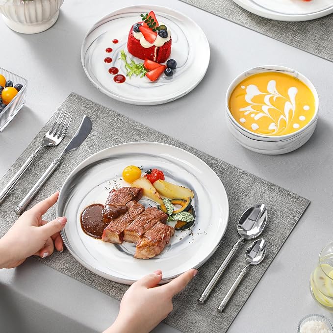 MALACASA 12 Pcs Porcelain Plates and Bowls Sets,Dinnerware Set for 4,Grey | Modern Ceramic Dishware Set,Kitchen Dining Ware,Microwave and Dishwasher Safe,Unique Marble Grey Design,Series LUNA - Image 8