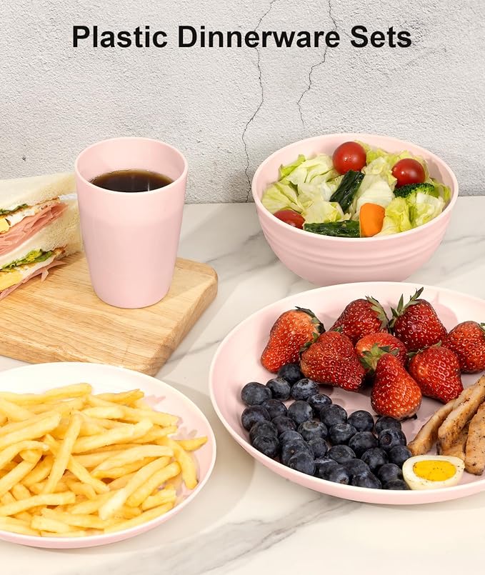 Quatish 24 Piece Plates and Bowls Sets for 6, Unbreakable Dinnerware Sets, Plastic Dish Set for Camping, Dishwasher Microwave Safe, Outdoor Kitchen and Apartment Dorm Dinning RV Essentials, Pink - Image 7