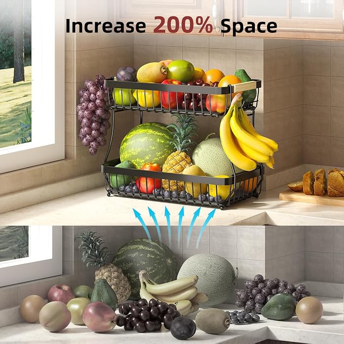 3-Tier Fruit Basket with Banana Hangers, Detachable Metal Bowl | Wooden handle, protective mats included. Versatile holder for bread, snacks, and veggies. Large 3 tier metal design. - Image 9