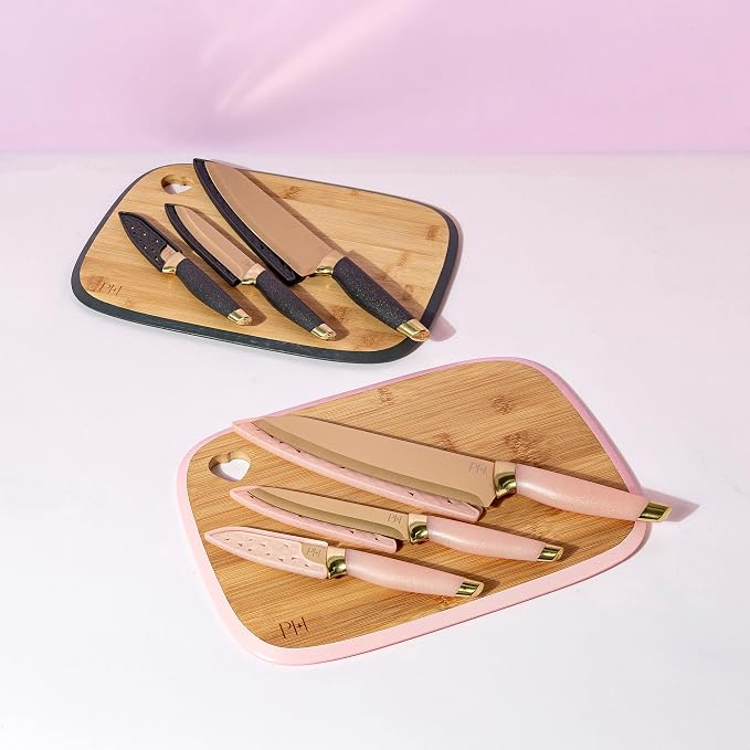 Paris Hilton Bamboo Cutting Board for Kitchen, Reversible Cutting Board and Cutlery Set with High Carbon Stainless Steel Knives and Blade Guards, Comfortable Handle Grips, 7-Piece Set, Gold and Pink - Image 9