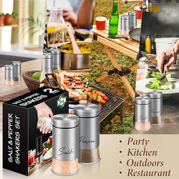 Stainless Steel Salt and Pepper Shakers Set, 5 oz | Salt Shaker with Adjustable Pour Holes, Modern Pepper Shaker for Kitchen Metal Gadgets with Glass Bottom (Silver) - Image 7