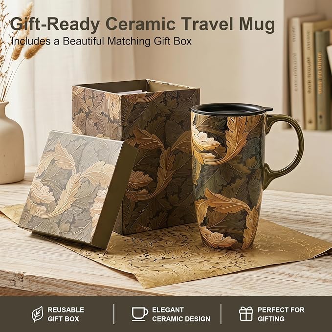 Topadorn 17oz Ceramic Travel Mug with Lid, William Morris Acanthus Leaf | Coffee Mug with Handle, Dark Gold Botanical Latte Cup, Microwave & Dishwasher Safe, Gift Box Included - Image 7