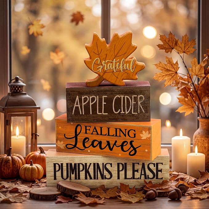 Moucuny 4 Pcs Fall Decoration for Home Wooden Maple Leaf Thanksgiving Table Centerpiece Rustic Thanksgiving Tiered Tray Decor Decorative Maple Leaf Block Signs Farmhouse Autumn Decor for Kitchen - Image 8